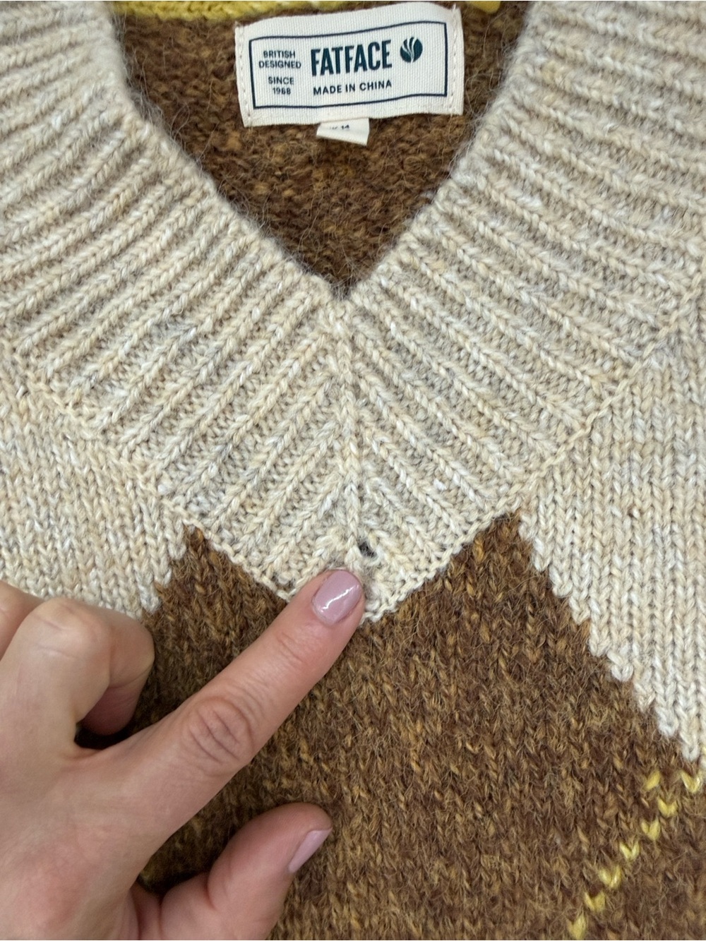 Fat Face Argyle V-Neck Sweater - Picture 9 of 13